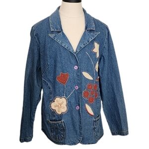 Denim&Co. Jacket 100% Cotton  Boho Floral Applique Blue Size L